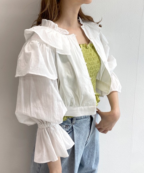 w closet（ダブルクローゼット）の「フリルショート丈ブラウス（シャツ/ブラウス・レディース・キナリ/スミクロ/ミント/オフホワイト・FREE）」の9枚目の写真