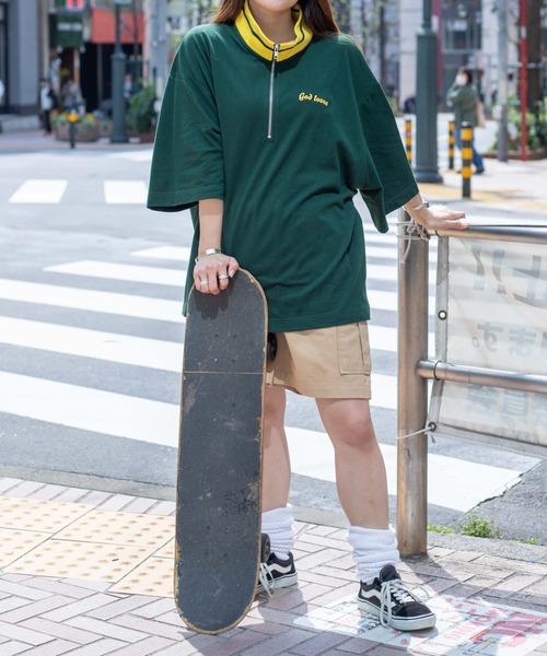 WEGO（ウィゴー）の「WEGO/スタンドハーフジップワンポイントT（Tシャツ/カットソー・メンズ・ダークグリーン/オフホワイト・MEDIUM/LARGE）」の3枚目の写真