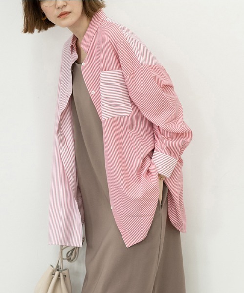 GeeRA(ジーラ)の「ストライプ切替オーバーサイズシャツ(シャツ/ブラウス・レディース・ピンク/ブルー・MEDIUM/LARGE)」の1枚目の写真