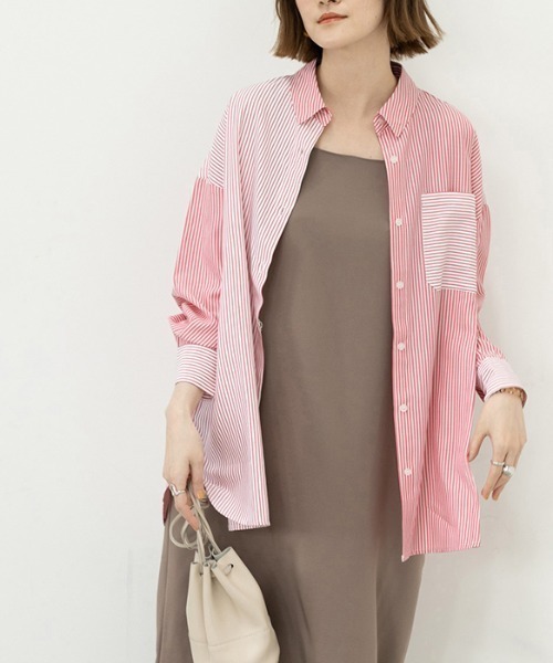GeeRA(ジーラ)の「ストライプ切替オーバーサイズシャツ(シャツ/ブラウス・レディース・ピンク/ブルー・MEDIUM/LARGE)」の4枚目の写真