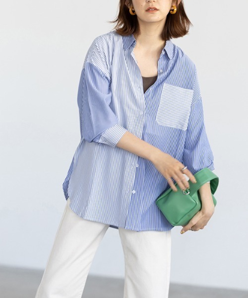 GeeRA(ジーラ)の「ストライプ切替オーバーサイズシャツ(シャツ/ブラウス・レディース・ピンク/ブルー・MEDIUM/LARGE)」の8枚目の写真