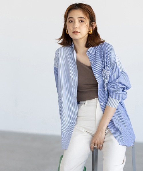GeeRA(ジーラ)の「ストライプ切替オーバーサイズシャツ(シャツ/ブラウス・レディース・ピンク/ブルー・MEDIUM/LARGE)」の14枚目の写真