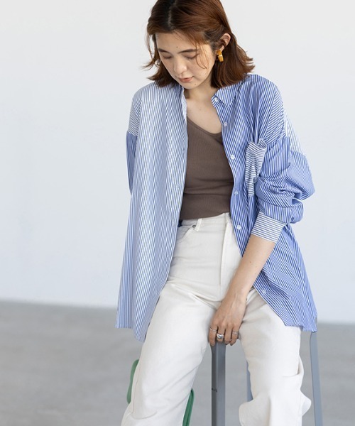 GeeRA(ジーラ)の「ストライプ切替オーバーサイズシャツ(シャツ/ブラウス・レディース・ピンク/ブルー・MEDIUM/LARGE)」の3枚目の写真