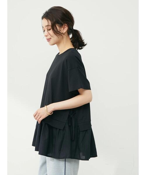 Green Parks(グリーンパークス)の「サイドリボン布帛ドッキングチュニック(Tシャツ/カットソー・レディース・ブラック/カーキ/ストライプ/ホワイト系その他5・FREE)」の5枚目の写真