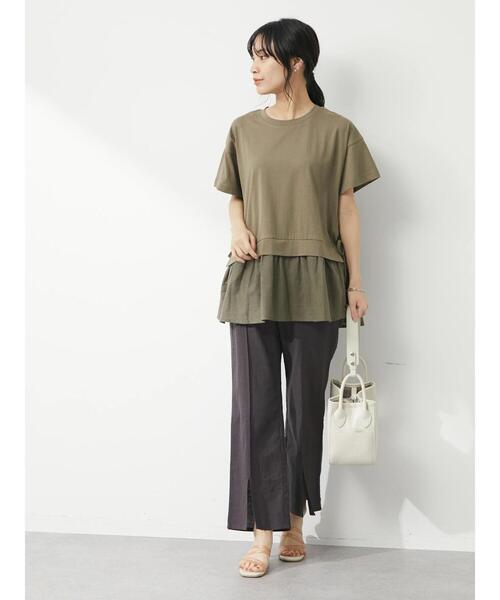 Green Parks(グリーンパークス)の「サイドリボン布帛ドッキングチュニック(Tシャツ/カットソー・レディース・ブラック/カーキ/ストライプ/ホワイト系その他5・FREE)」の10枚目の写真