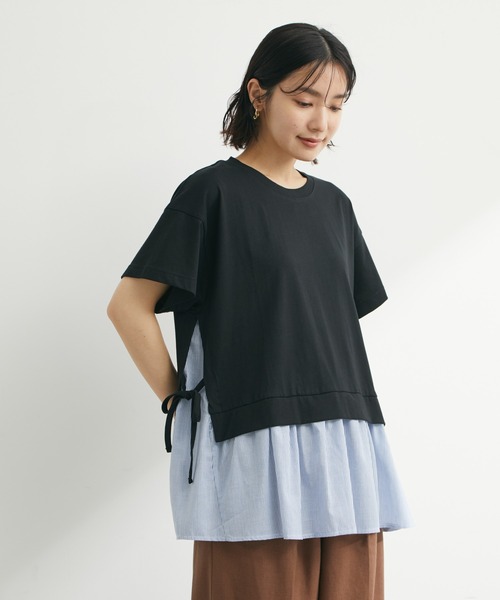 Green Parks(グリーンパークス)の「サイドリボン布帛ドッキングチュニック(Tシャツ/カットソー・レディース・ブラック/カーキ/ストライプ/ホワイト系その他5・FREE)」の4枚目の写真