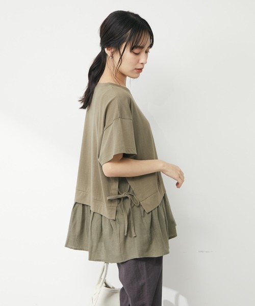 Green Parks(グリーンパークス)の「サイドリボン布帛ドッキングチュニック(Tシャツ/カットソー・レディース・ブラック/カーキ/ストライプ/ホワイト系その他5・FREE)」の3枚目の写真