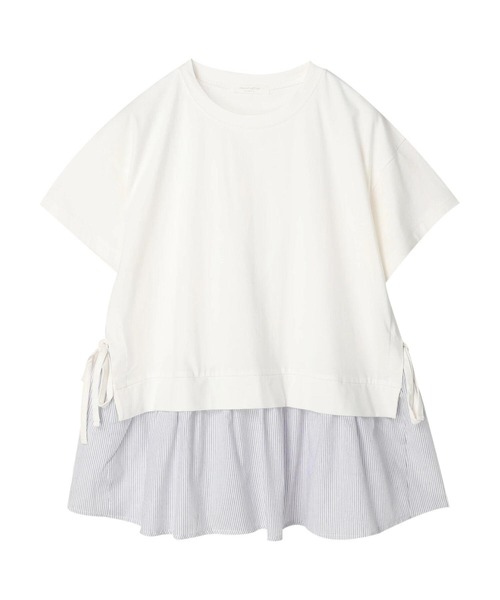 Green Parks(グリーンパークス)の「サイドリボン布帛ドッキングチュニック(Tシャツ/カットソー・レディース・ブラック/カーキ/ストライプ/ホワイト系その他5・FREE)」の1枚目の写真