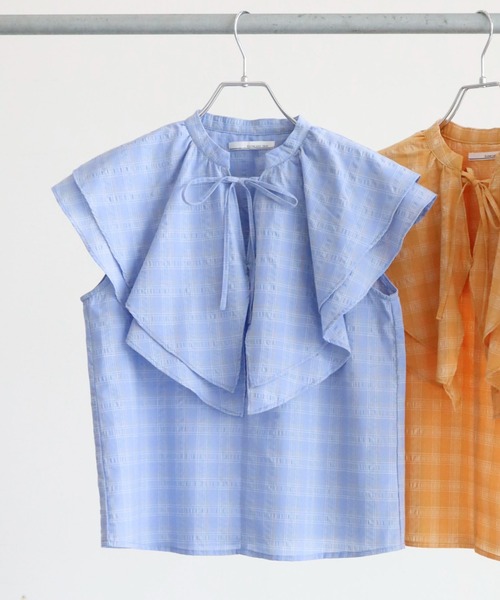 ELENCARE DUE（エレンカーレデュエ）の「・ELENCARE DUE チェックラッフルカラーブラウス（シャツ/ブラウス・レディース・ネイビー/サックスブルー/イエロー・FREE）」の3枚目の写真