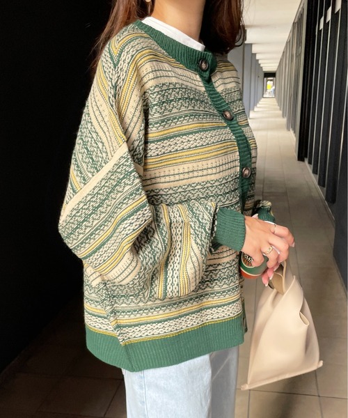 StyleSea(スタイルシー)の「ジャガードニットカーディガン(カーディガン/ボレロ・レディース・ネイビー/グリーン/マスタード・MEDIUM)」の6枚目の写真