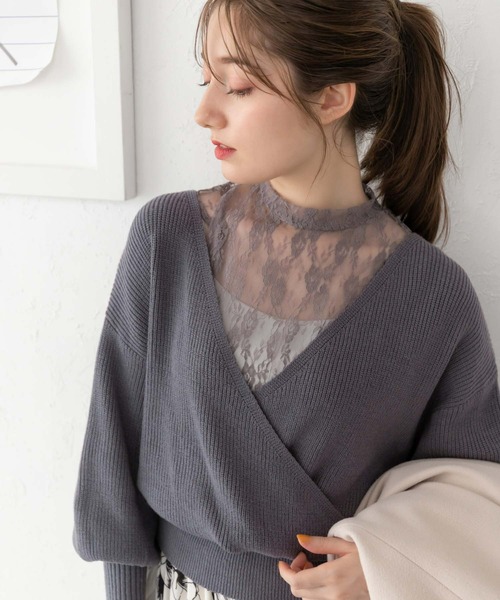 fifth（フィフス）の「【スタッフレコメンド】カシュクールハイネックレースドッキングニット（ニット/セーター・レディース・ベージュ/パープル/ブラック/オフホワイト・M）」の4枚目の写真