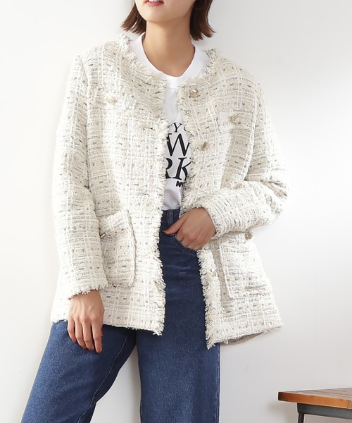 N.(N. Natural Beauty Basic)(エヌエヌナチュラルビューティーベーシック)の「【S Size Line】◆ノーカラーツイードフリンジジャケット(ノーカラージャケット)」|オフホワイト