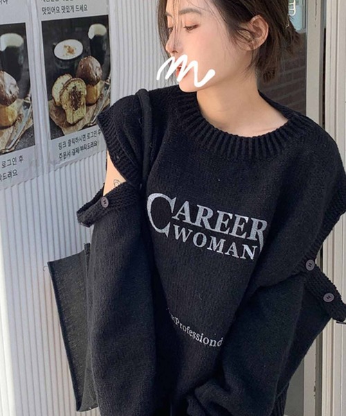 meJane（ミージェーン）の「CAREER WOMANロゴオープンショルダーニット