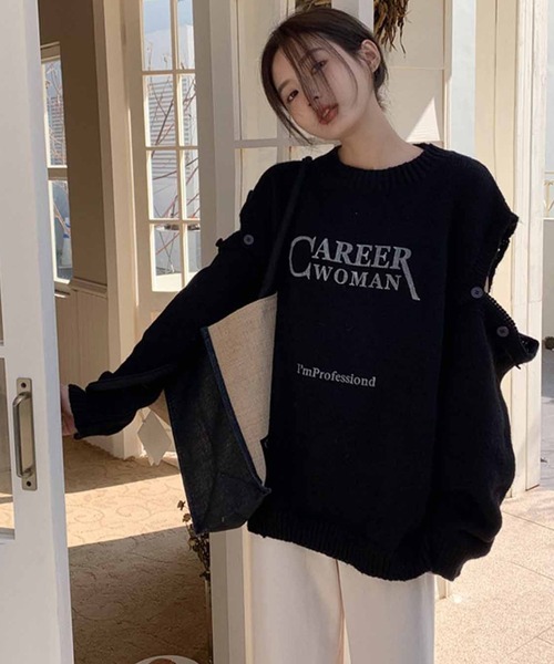 meJane（ミージェーン）の「CAREER WOMANロゴオープンショルダーニット