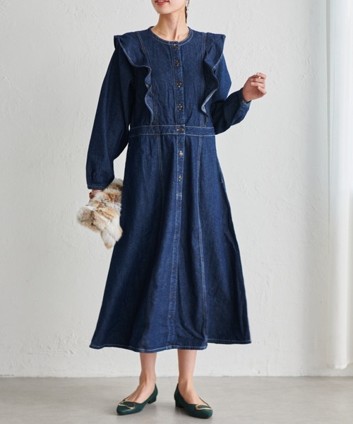 セール】配色ステッチフリルデニムワンピース（ワンピース）｜RANAN