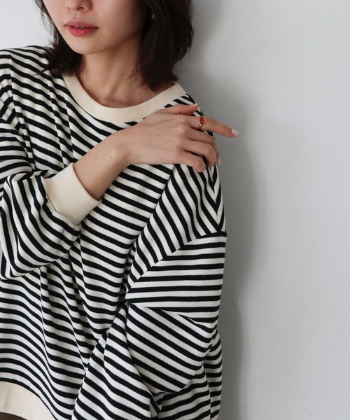 Brownie（ブラウニー）の「Brownie 袖ボリュームボーダーBIGプルオーバー（Tシャツ/カットソー・レディース・モカ/ブラック/グレー・FREE）」の2枚目の写真