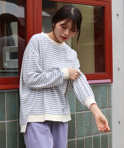 Brownie（ブラウニー）の「Brownie 袖ボリュームボーダーBIGプルオーバー（Tシャツ/カットソー・レディース・モカ/ブラック/グレー・FREE）」の5枚目の写真