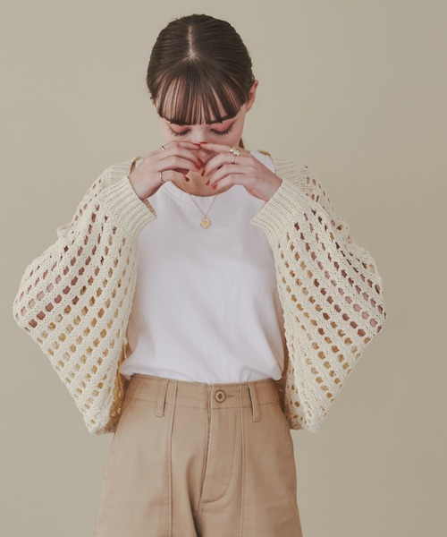 ANGIE（アンジー）の「透かし編みメッシュニットボレロ（カーディガン