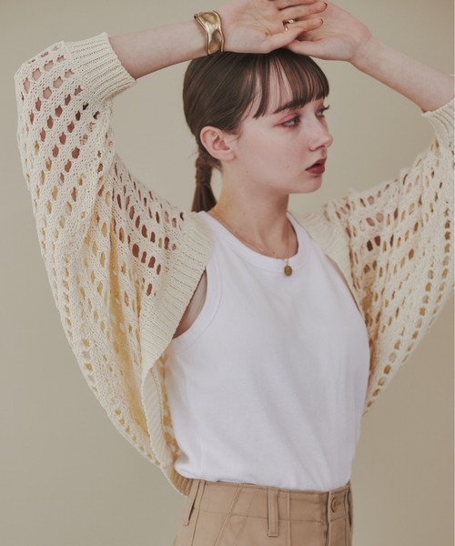 ANGIE（アンジー）の「透かし編みメッシュニットボレロ（カーディガン