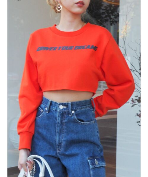 EVRIS(エヴリス)の「センターロゴクロップドトップス(Tシャツ/カットソー・レディース・オレンジ/ホワイト/ブラック・FREE)」の1枚目の写真