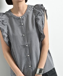 ワッシャーギンガムチェック前後２ＷＡＹパールブラウス