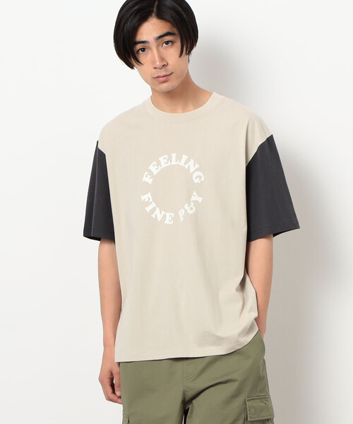 Purple&Yellow(パープルアンドイエロー)の「サークルプリント カラースリーブ 半袖Tシャツ(Tシャツ/カットソー・メンズ・ボルドー/グレイッシュベージュ/チャコール・SMALL/MEDIUM/LARGE)」の1枚目の写真