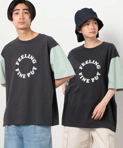 Purple&Yellow(パープルアンドイエロー)の「サークルプリント カラースリーブ 半袖Tシャツ(Tシャツ/カットソー・メンズ・ボルドー/グレイッシュベージュ/チャコール・SMALL/MEDIUM/LARGE)」の2枚目の写真