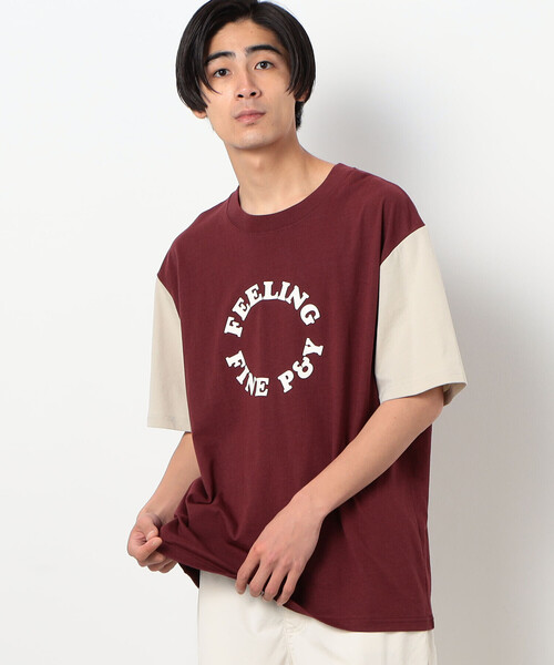 Purple&Yellow(パープルアンドイエロー)の「サークルプリント カラースリーブ 半袖Tシャツ(Tシャツ/カットソー・メンズ・ボルドー/グレイッシュベージュ/チャコール・SMALL/MEDIUM/LARGE)」の3枚目の写真