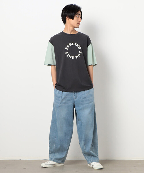 Purple&Yellow(パープルアンドイエロー)の「サークルプリント カラースリーブ 半袖Tシャツ(Tシャツ/カットソー・メンズ・ボルドー/グレイッシュベージュ/チャコール・SMALL/MEDIUM/LARGE)」の4枚目の写真