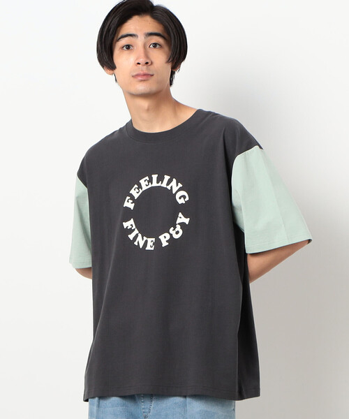 Purple&Yellow(パープルアンドイエロー)の「サークルプリント カラースリーブ 半袖Tシャツ(Tシャツ/カットソー・メンズ・ボルドー/グレイッシュベージュ/チャコール・SMALL/MEDIUM/LARGE)」の5枚目の写真