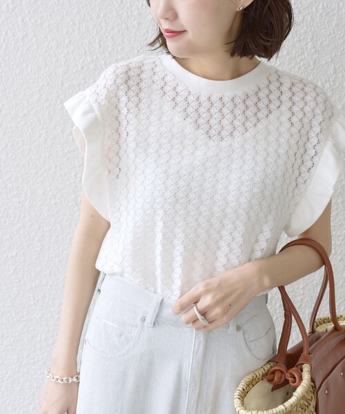 SHIPS(シップス)の「* 〈手洗い可能〉バルファス フリル スリーブ カットソー◇(Tシャツ/カットソー・レディース・チャコールグレー/ライトホワイト/ライム・ONE SIZE)」の6枚目の写真