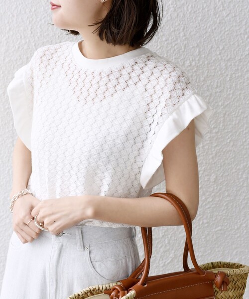 SHIPS(シップス)の「* 〈手洗い可能〉バルファス フリル スリーブ カットソー◇(Tシャツ/カットソー・レディース・チャコールグレー/ライトホワイト/ライム・ONE SIZE)」の7枚目の写真