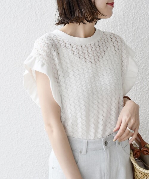 SHIPS(シップス)の「* 〈手洗い可能〉バルファス フリル スリーブ カットソー◇(Tシャツ/カットソー・レディース・チャコールグレー/ライトホワイト/ライム・ONE SIZE)」の11枚目の写真