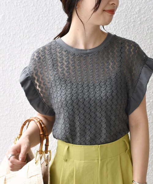 SHIPS(シップス)の「* 〈手洗い可能〉バルファス フリル スリーブ カットソー◇(Tシャツ/カットソー・レディース・チャコールグレー/ライトホワイト/ライム・ONE SIZE)」の19枚目の写真