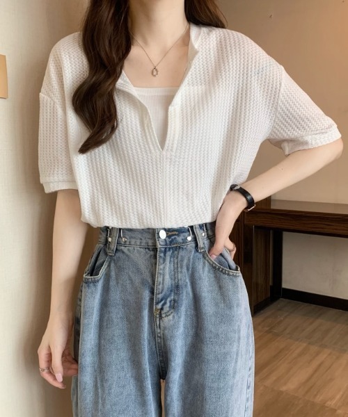 SHEENA（シーナ）の「【インナーキャミ】ドッキングワッフルショートトップス（Tシャツ/カットソー・レディース・ホワイト/ブラック/チャコールグレー/ミント/サックスブルー・M）」の2枚目の写真