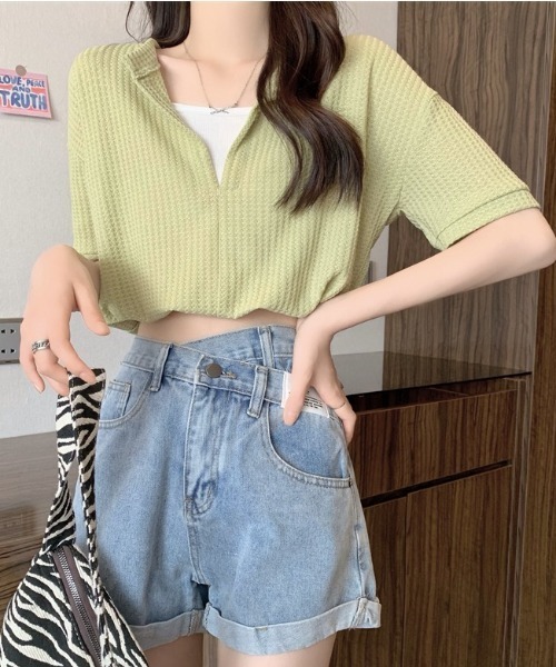 SHEENA（シーナ）の「【インナーキャミ】ドッキングワッフルショートトップス（Tシャツ/カットソー・レディース・ホワイト/ブラック/チャコールグレー/ミント/サックスブルー・M）」の4枚目の写真