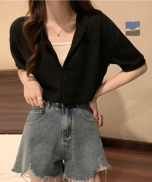 SHEENA（シーナ）の「【インナーキャミ】ドッキングワッフルショートトップス（Tシャツ/カットソー・レディース・ホワイト/ブラック/チャコールグレー/ミント/サックスブルー・M）」の3枚目の写真