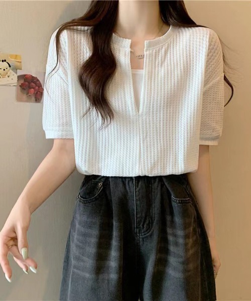 SHEENA（シーナ）の「【インナーキャミ】ドッキングワッフルショートトップス（Tシャツ/カットソー・レディース・ホワイト/ブラック/チャコールグレー/ミント/サックスブルー・M）」の12枚目の写真