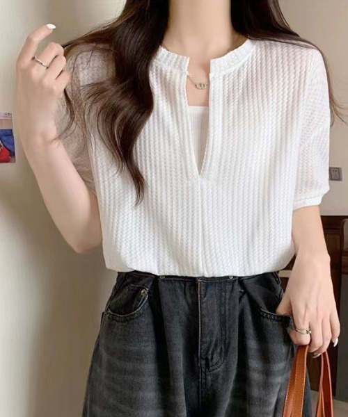 SHEENA（シーナ）の「【インナーキャミ】ドッキングワッフルショートトップス（Tシャツ/カットソー・レディース・ホワイト/ブラック/チャコールグレー/ミント/サックスブルー・M）」の9枚目の写真