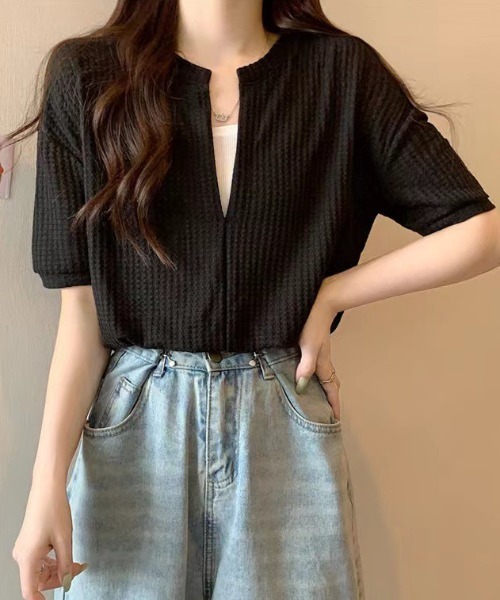 SHEENA（シーナ）の「【インナーキャミ】ドッキングワッフルショートトップス（Tシャツ/カットソー・レディース・ホワイト/ブラック/チャコールグレー/ミント/サックスブルー・M）」の13枚目の写真
