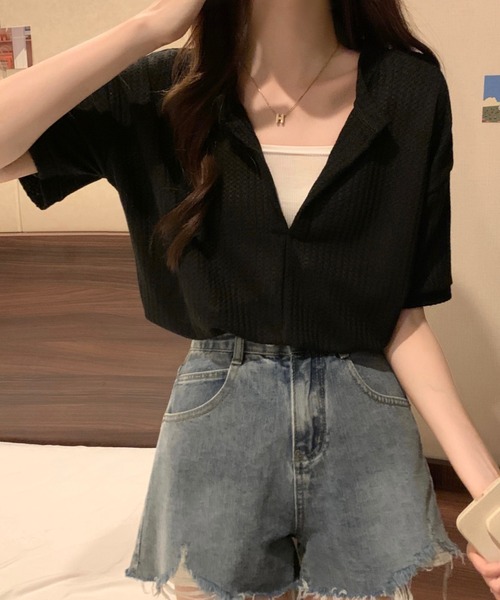 SHEENA（シーナ）の「【インナーキャミ】ドッキングワッフルショートトップス（Tシャツ/カットソー・レディース・ホワイト/ブラック/チャコールグレー/ミント/サックスブルー・M）」の10枚目の写真