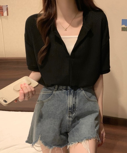 SHEENA（シーナ）の「【インナーキャミ】ドッキングワッフルショートトップス（Tシャツ/カットソー・レディース・ホワイト/ブラック/チャコールグレー/ミント/サックスブルー・M）」の18枚目の写真