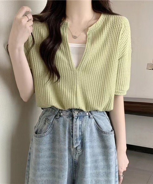 SHEENA（シーナ）の「【インナーキャミ】ドッキングワッフルショートトップス（Tシャツ/カットソー・レディース・ホワイト/ブラック/チャコールグレー/ミント/サックスブルー・M）」の21枚目の写真