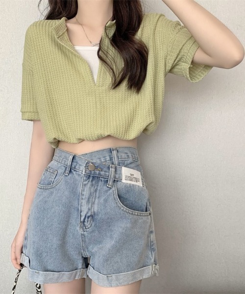 SHEENA（シーナ）の「【インナーキャミ】ドッキングワッフルショートトップス（Tシャツ/カットソー・レディース・ホワイト/ブラック/チャコールグレー/ミント/サックスブルー・M）」の6枚目の写真
