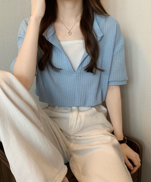 SHEENA（シーナ）の「【インナーキャミ】ドッキングワッフルショートトップス（Tシャツ/カットソー・レディース・ホワイト/ブラック/チャコールグレー/ミント/サックスブルー・M）」の7枚目の写真