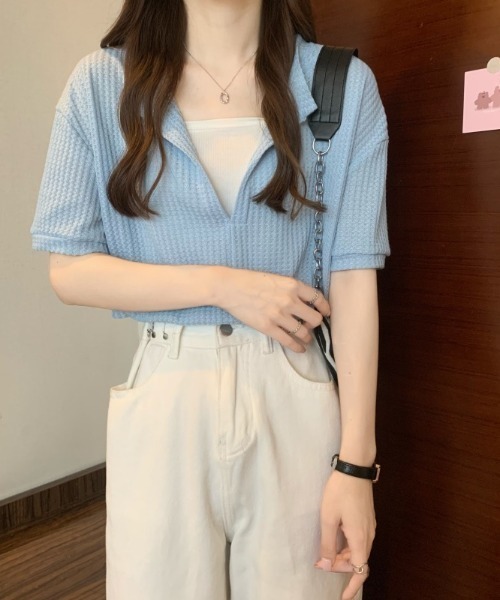 SHEENA（シーナ）の「【インナーキャミ】ドッキングワッフルショートトップス（Tシャツ/カットソー・レディース・ホワイト/ブラック/チャコールグレー/ミント/サックスブルー・M）」の14枚目の写真