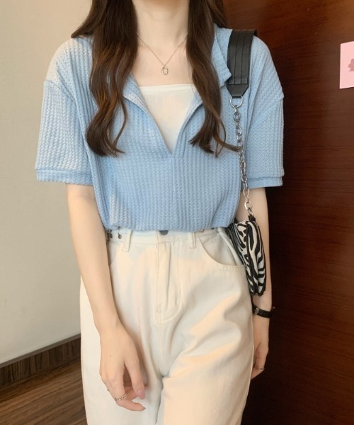SHEENA（シーナ）の「【インナーキャミ】ドッキングワッフルショートトップス（Tシャツ/カットソー・レディース・ホワイト/ブラック/チャコールグレー/ミント/サックスブルー・M）」の19枚目の写真
