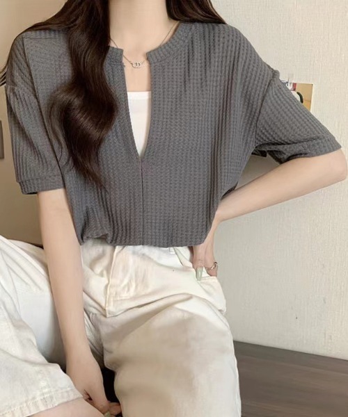 SHEENA（シーナ）の「【インナーキャミ】ドッキングワッフルショートトップス（Tシャツ/カットソー・レディース・ホワイト/ブラック/チャコールグレー/ミント/サックスブルー・M）」の15枚目の写真