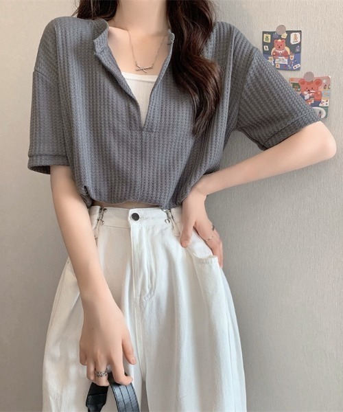 SHEENA（シーナ）の「【インナーキャミ】ドッキングワッフルショートトップス（Tシャツ/カットソー・レディース・ホワイト/ブラック/チャコールグレー/ミント/サックスブルー・M）」の11枚目の写真