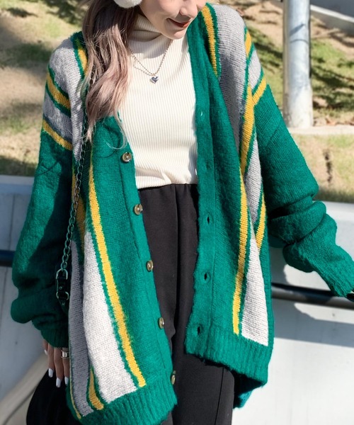 Java（ジャバ）の「《Javaジャバコラボ》大人のマルチカラー配色。ストライプ柄モヘアライクカーディガン（カーディガン/ボレロ・レディース・ブラウン/グリーン/アイボリー/ネイビー・LARGE/MEDIUM/SMALL/X-LARGE）」の3枚目の写真